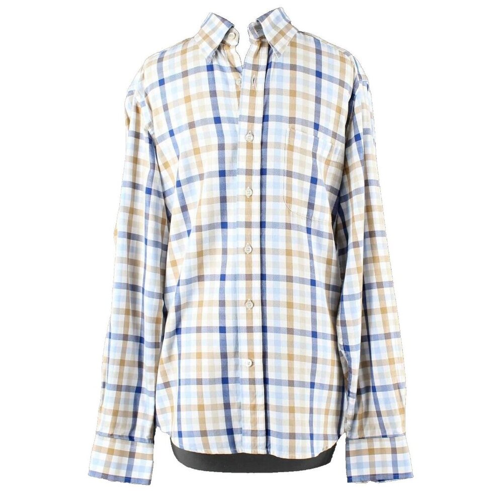 Threads Saks Sz S Blue Tan White Windowpane Button Up 100% Cotton Mens Shirt